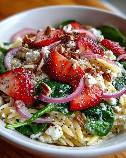 Strawberry & Spinach Orzo with Poppyseed Dressing & Feta Recipe