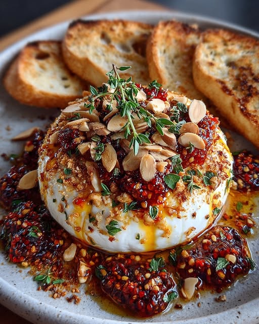Burrata Bomb with Chili Fig Glaze & Toasted Almond Crunch Recipe - Recipe Image