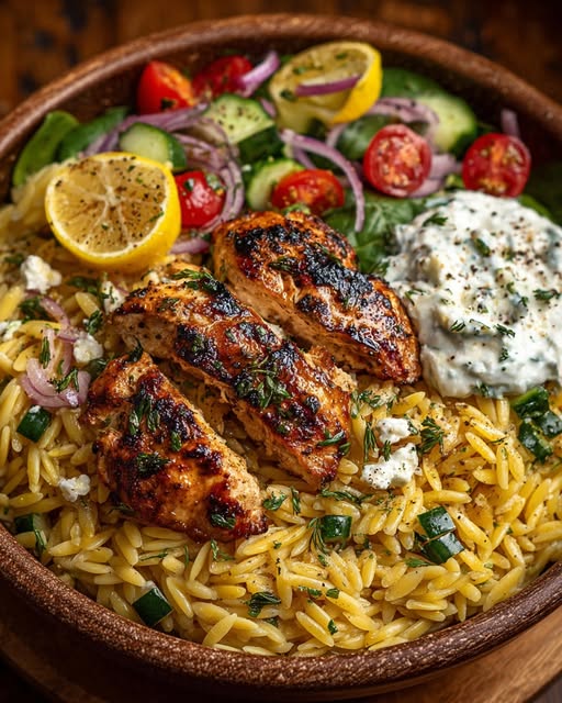 Lemon Herb Chicken Orzo Bowl with Garlic Feta Yogurt Sauce Recipe