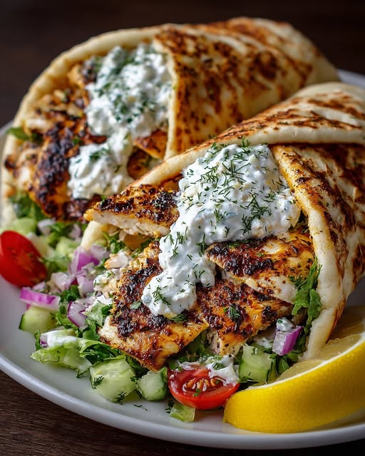 Greek Lemon Chicken Pita Wraps with Creamy Dill Feta Sauce Recipe - Recipe Image