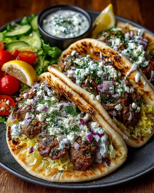 Greek Lemon Lamb Pita Wraps with Creamy Dill Feta Sauce Recipe