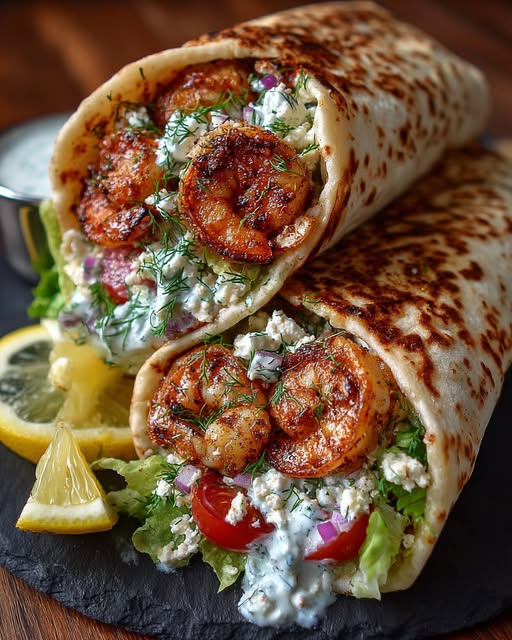 Greek Shrimp Wraps with Garlic Yogurt Sauce Recipe