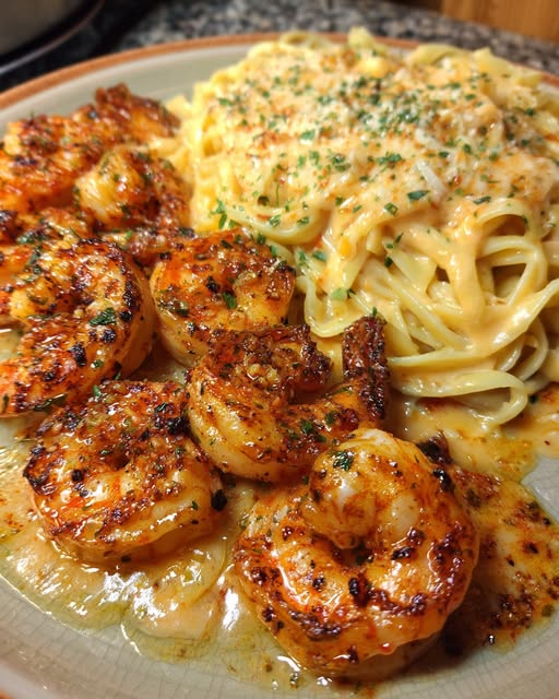Cajun Garlic Butter Shrimp with Creamy Four-Cheese Linguine Recipe - Recipe Image