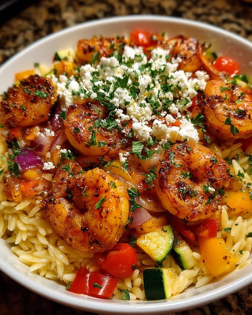 Balsamic Shrimp Orzo with Roasted Veggies & Feta Recipe