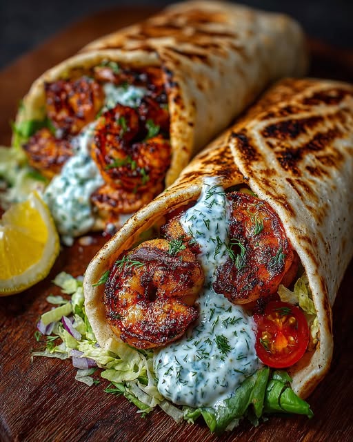 Greek Grilled Shrimp Wraps with Garlic Yogurt Sauce Recipe - Recipe Image