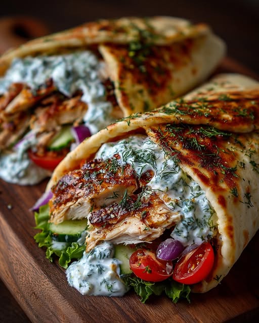 Greek Chicken Pita Wraps with Dill Garlic Yogurt Sauce Recipe