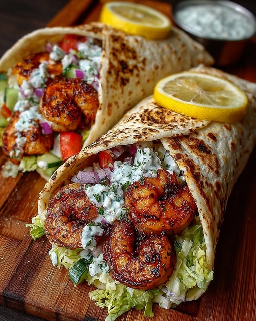 Greek Shrimp Wraps with Lemon Garlic Yogurt Sauce Recipe - Recipe Image