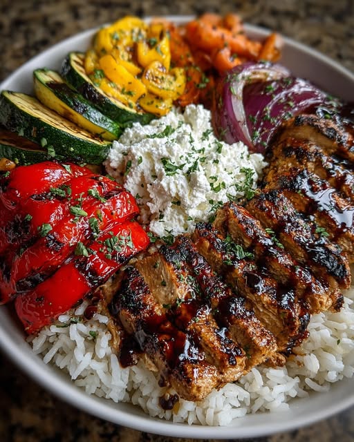 Balsamic Chicken Rice with Grilled Veggies & Whipped Feta Recipe - Recipe Image