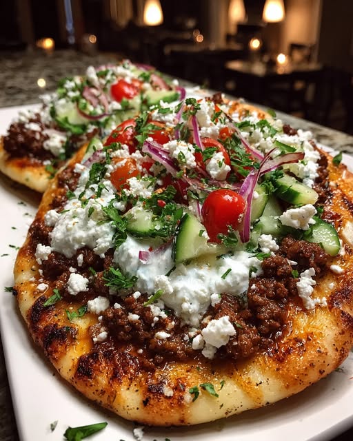 Beef Flatbread with Hot Honey Feta Cream Recipe - Recipe Image