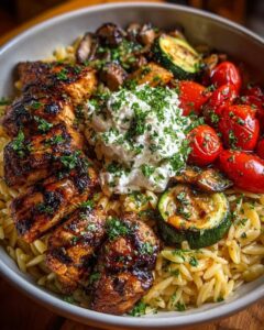 Balsamic Chicken Orzo with Grilled Veggies & Whipped Feta Recipe