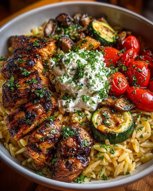 Balsamic Chicken Orzo with Grilled Veggies & Whipped Feta Recipe