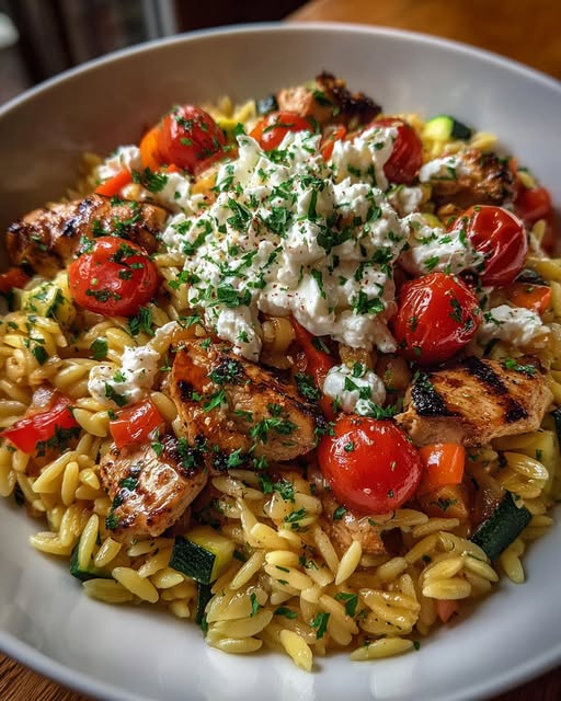 Balsamic Chicken Orzo with Roasted Veggies & Whipped Feta Recipe