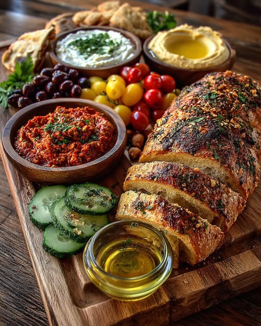 Rustic Mediterranean Bread and Roasted Red Pepper Dip Board Recipe