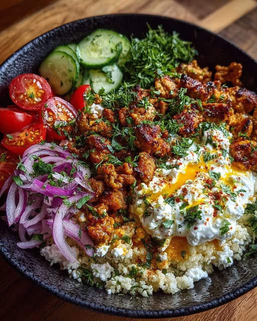 Mediterranean Ground Chicken Bowl with Hot Honey Feta Cream Recipe - Recipe Image