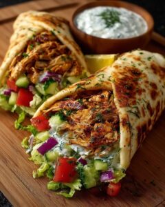 Greek Chicken Pita Wraps with Lemon Garlic Yogurt Sauce Recipe