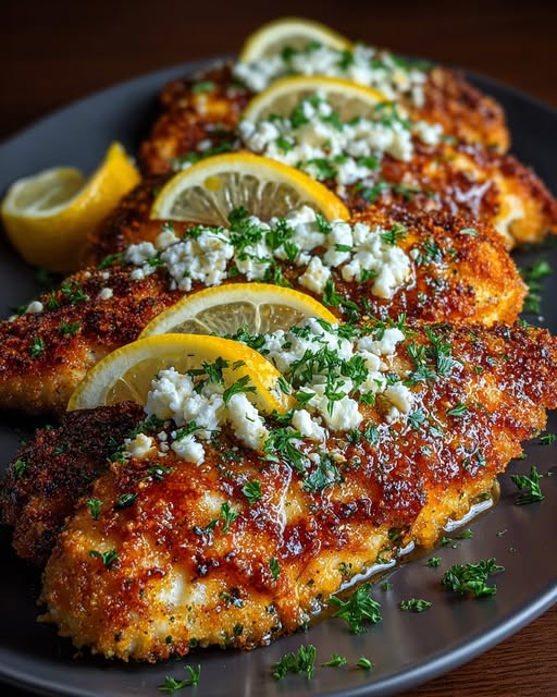 Crispy Hot Honey Lemon Feta Chicken Breasts with Herb Crust Recipe