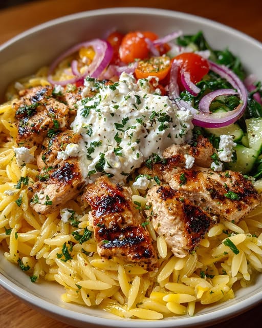 Lemon Dijon Chicken Orzo Bowl with Creamy Whipped Feta Recipe - Recipe Image