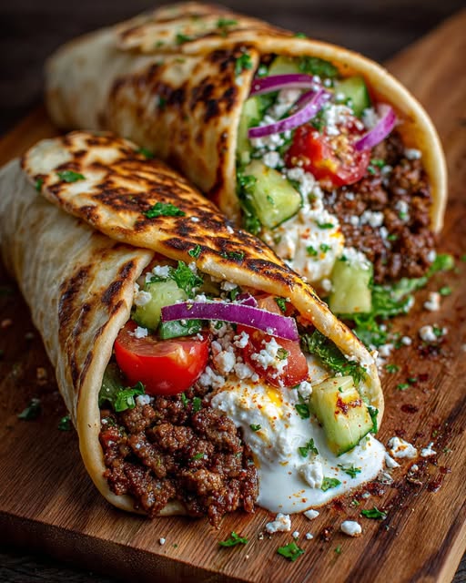 Mediterranean Ground Lamb Wrap with Hot Honey Feta Cream Recipe