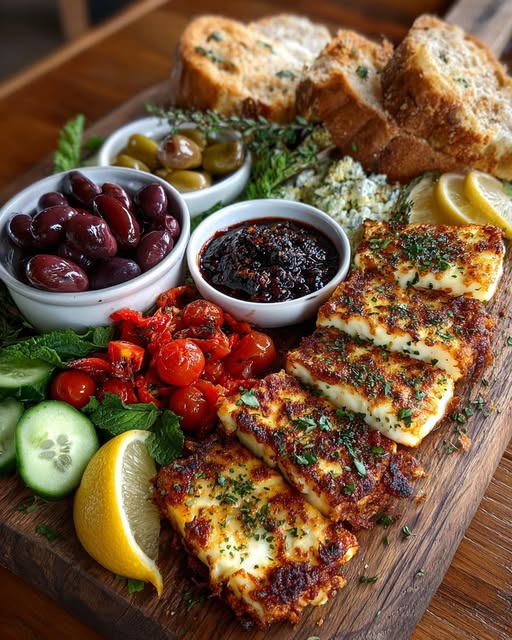 Rustic Mediterranean Bread & Grilled Halloumi Platter Recipe - Recipe Image