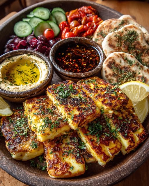 Rustic Mediterranean Bread & Garlic Halloumi Platter Recipe - Recipe Image