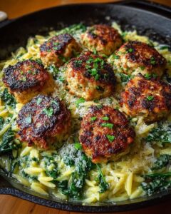 Lemony Chicken Ricotta Meatballs Over Garlic Spinach Orzo Recipe