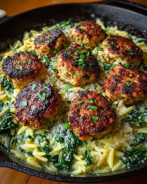 Lemony Chicken Ricotta Meatballs Over Garlic Spinach Orzo Recipe