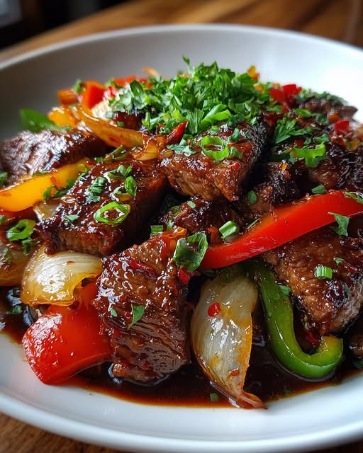 Sticky Sweet Chili Beef with Caramelized Onions & Peppers Recipe - Recipe Image