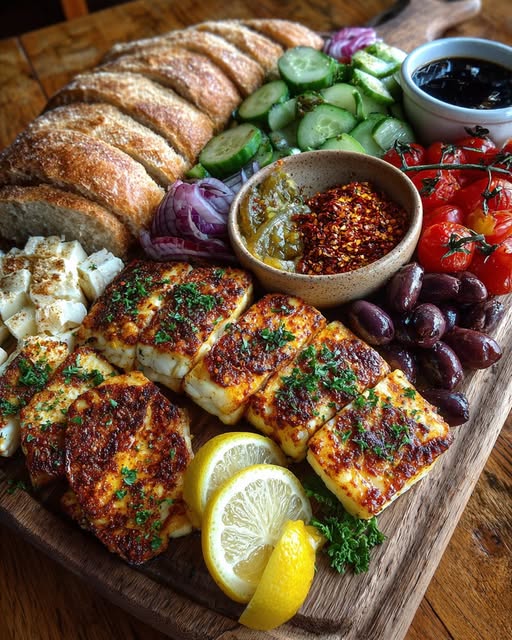 Rustic Mediterranean Bread & Spicy Halloumi Platter Recipe - Recipe Image