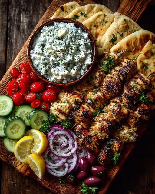 Greek Chicken Souvlaki Grazing Board with Feta Dip Recipe