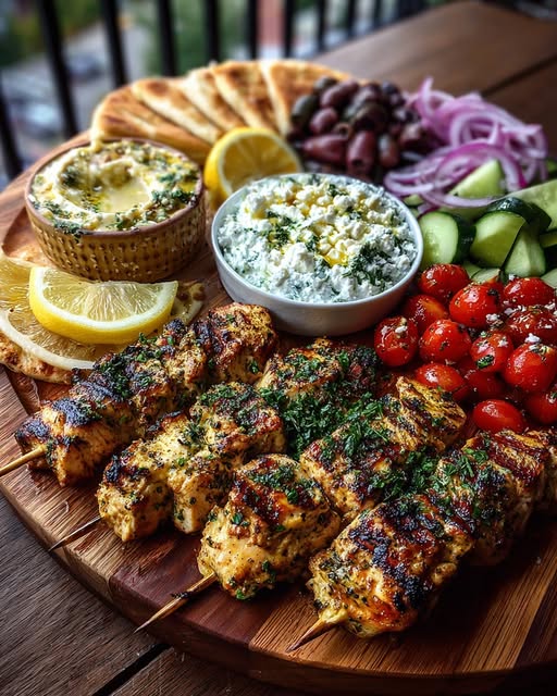 Greek Lemon Chicken Souvlaki Grazing Board with Feta Dip Recipe - Recipe Image