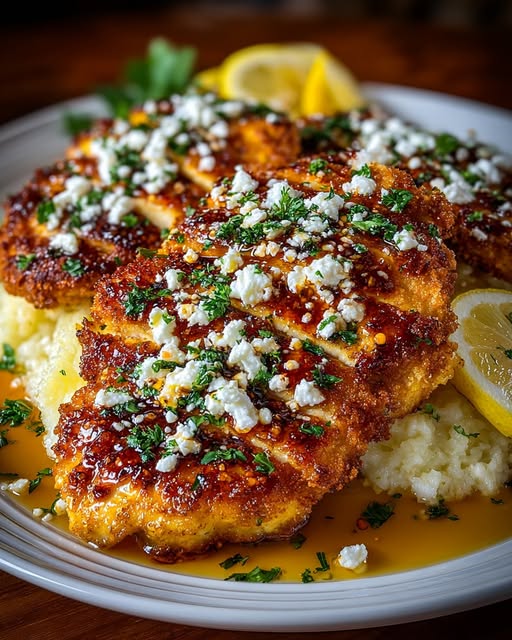 Plate the crispy chicken and drizzle with hot honey lemon feta sauce Recipe