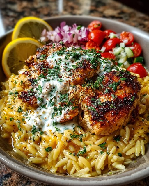 Lemon Dijon Chicken Orzo Bowl with Lemon Feta Yogurt Sauce Recipe - Recipe Image