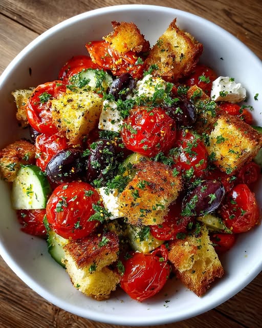 Feta, Tomato & Olive Salad with Garlicky Croutons Recipe