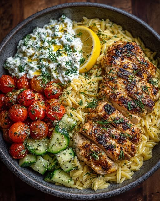 Lemon Dijon Chicken Orzo Bowl with Dill Whipped Feta Recipe