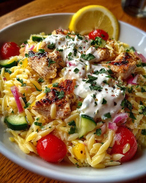Lemon Dijon Chicken Orzo Bowl with Lemon Feta Yogurt Sauce Recipe - Recipe Image