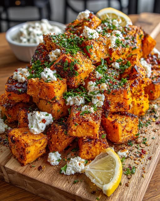 Top roasted sweet potato bites with dollops of whipped feta Recipe