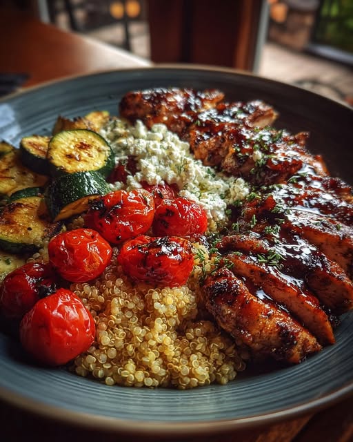 Balsamic Chicken Quinoa with Grilled Veggies & Whipped Feta Recipe - Recipe Image