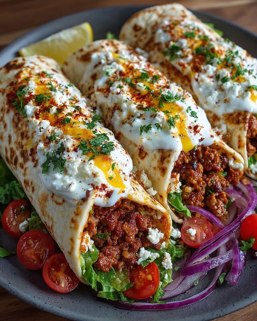 Mediterranean Ground Turkey Wrap with Hot Honey Feta Cream Recipe - Recipe Image