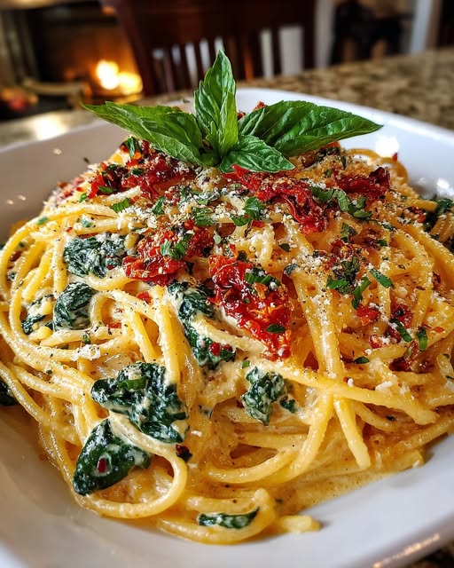 Spaghetti with Spinach and Sun-Dried Tomato Cream Sauce Recipe - Recipe Image
