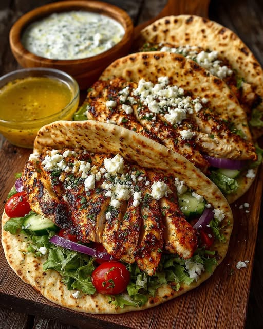 Greek Lemon Chicken Pita Wraps with Spicy Garlic Feta Sauce Recipe 3 Greek Lemon Chicken Pita Wraps with Spicy Garlic Feta Sauce Recipe - Recipe Image