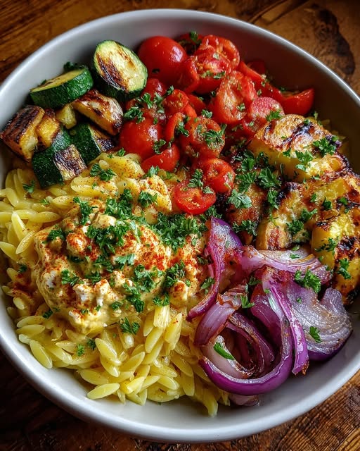 Roasted Veggie & Hummus Orzo Bowl Recipe