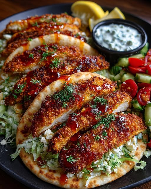 Crispy Hot Honey Feta Chicken Pita with Tzatziki Drizzle Recipe - Recipe Image