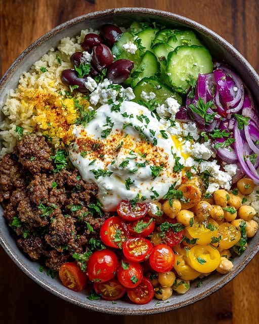 Mediterranean Beef Power Bowl with Creamy Feta Sauce Recipe
