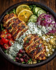 Mediterranean Chicken Power Bowl with Yogurt Feta Sauce Recipe