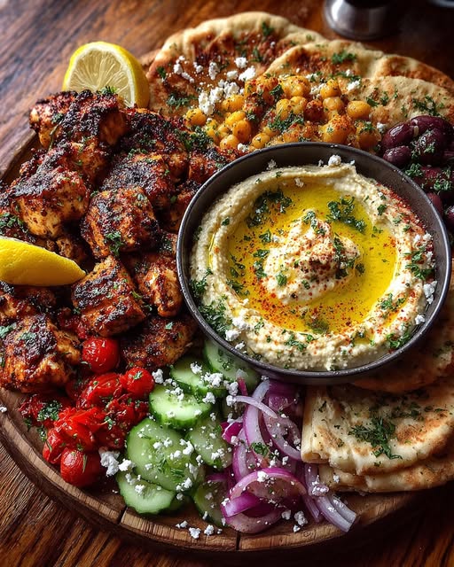 Greek Grilled Chicken Souvlaki Mezze Board with Hummus Dip Recipe