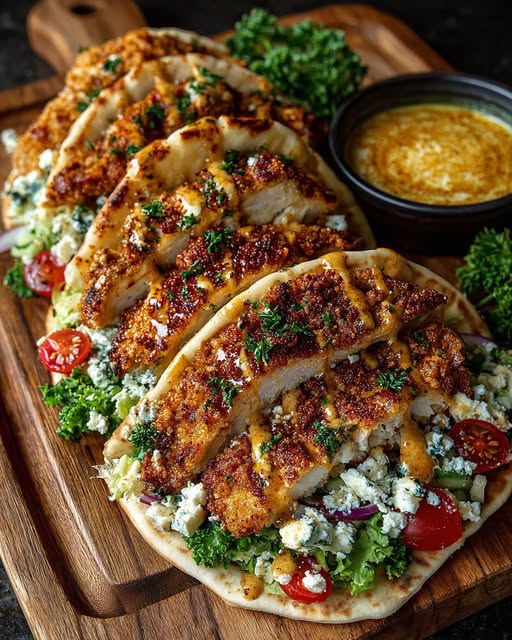 Crispy Hot Honey Feta Chicken Pita with Tahini Drizzle Recipe - Recipe Image