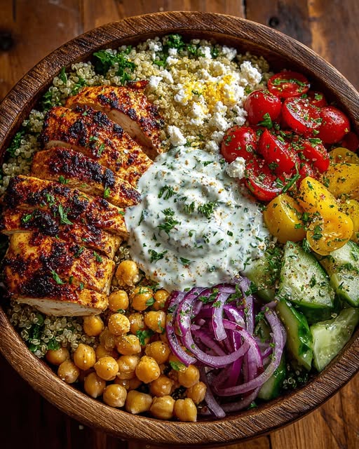 Mediterranean Chicken Power Bowl with Yogurt Feta Cream Recipe