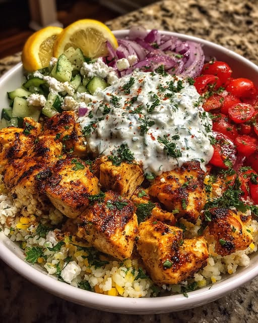 Mediterranean Chicken Power Bowl with Yogurt Feta Sauce Recipe