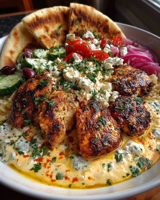 Chicken Pita Bowl with Spicy Feta Sauce Recipe - Recipe Image