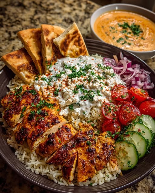 Mediterranean Chicken Pita Bowl with Chili Feta Sauce Recipe